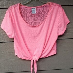 PINK By VICTORIA'S SECRET Crop Tie front Lace Shirt top Salmon XS